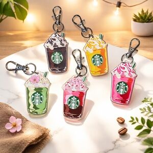 5 piece Starbucks Inspired Colorful Frappuccino Keychain Collection